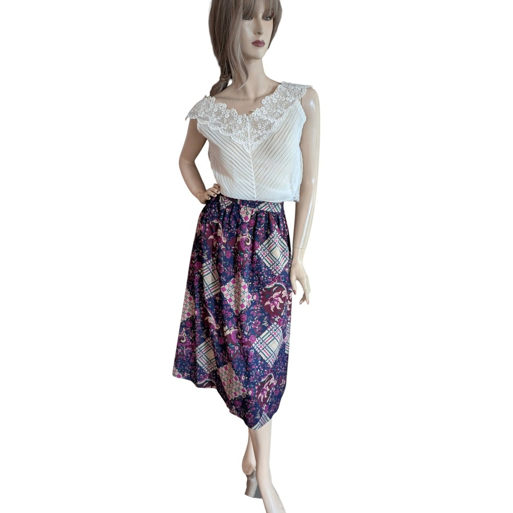 Vintage 80s Floral Patchwork Midi Skirt Navy‎ Purple Plaid Cottagecore Pockets L